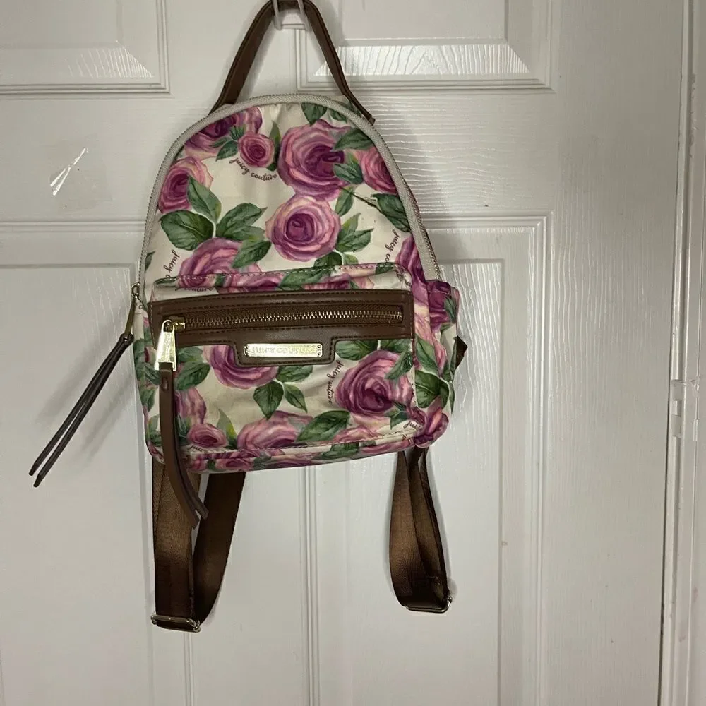 Juicy Couture Nylon mauve roses and green leaf prints mini backpack brown trims.